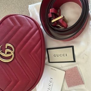 Authentic Gucci Red Matelasse Leather GG Marmont Belt Bag